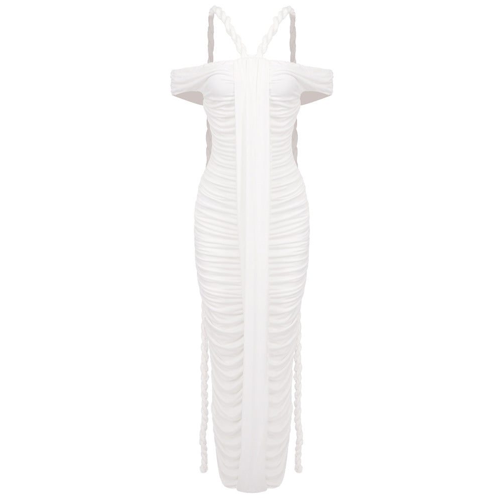 Elegant Graceful Off Neck Braid Pleated High Waist Figure Flattering Sheath