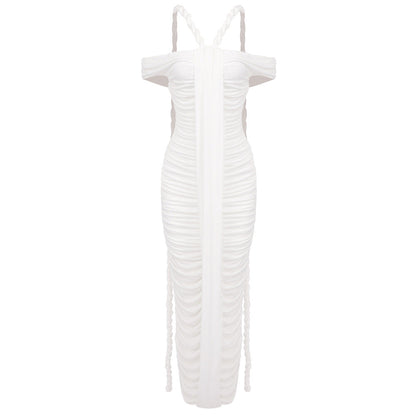 Elegant Graceful Off Neck Braid Pleated High Waist Figure Flattering Sheath