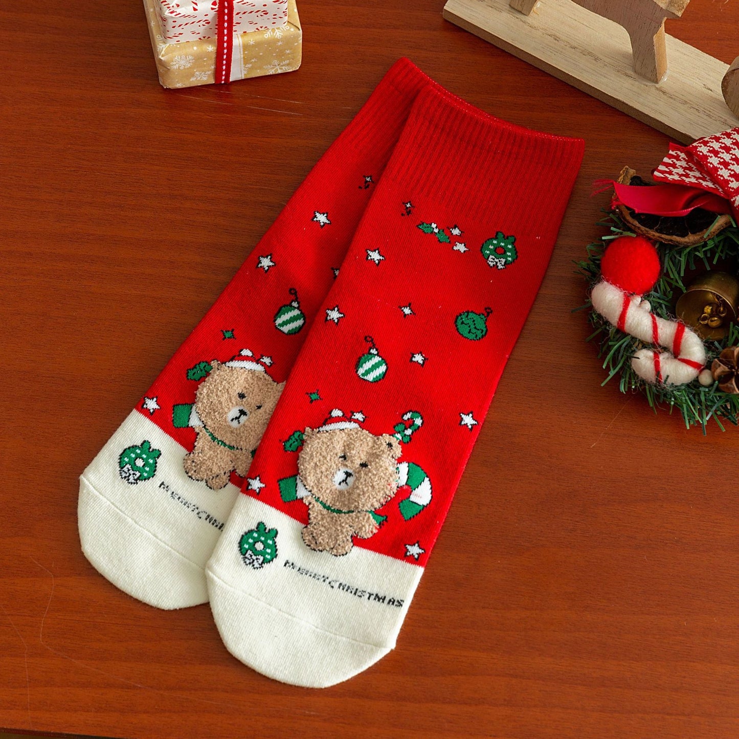 Cartoon Moose Santa Mid-Calf Crew Straight Christmas Socks