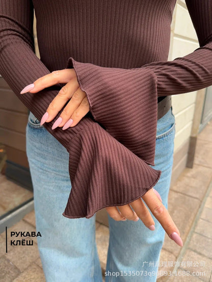 Square Neck Bell Sleeve Slim Long Sleeve Tee