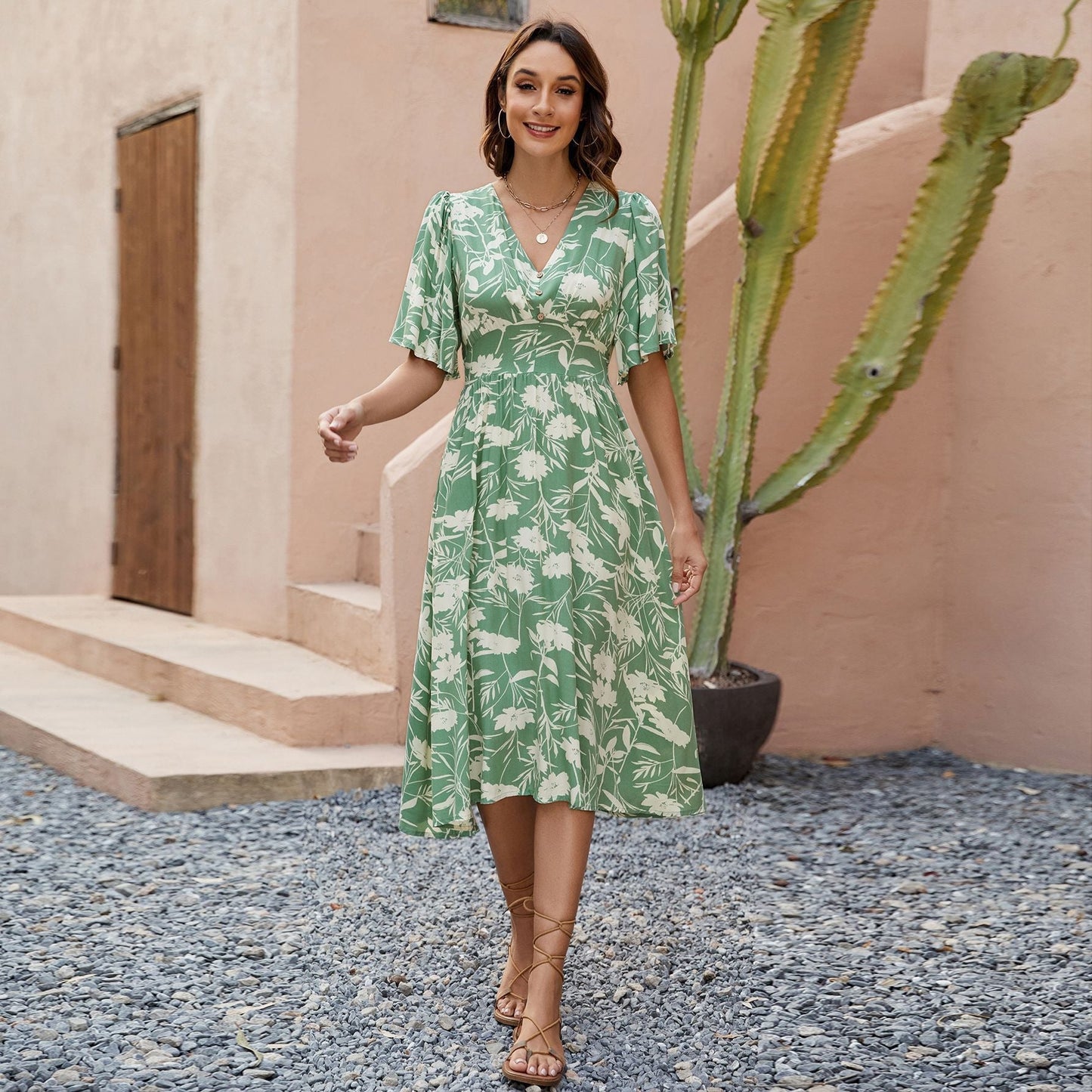 Printed V neck Short Sleeve Waist Controlled Dress Bohemian Holiday Party Beach Dress