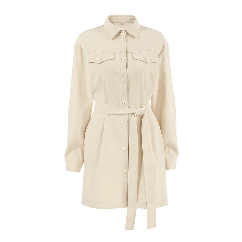 Office Elegant Belt Tooling Fall Collared Khaki Drop Shoulder Sleeve Pocket Retro