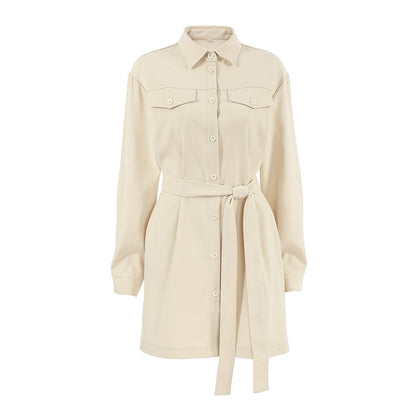 Office Elegant Belt Tooling Fall Collared Khaki Drop Shoulder Sleeve Pocket Retro