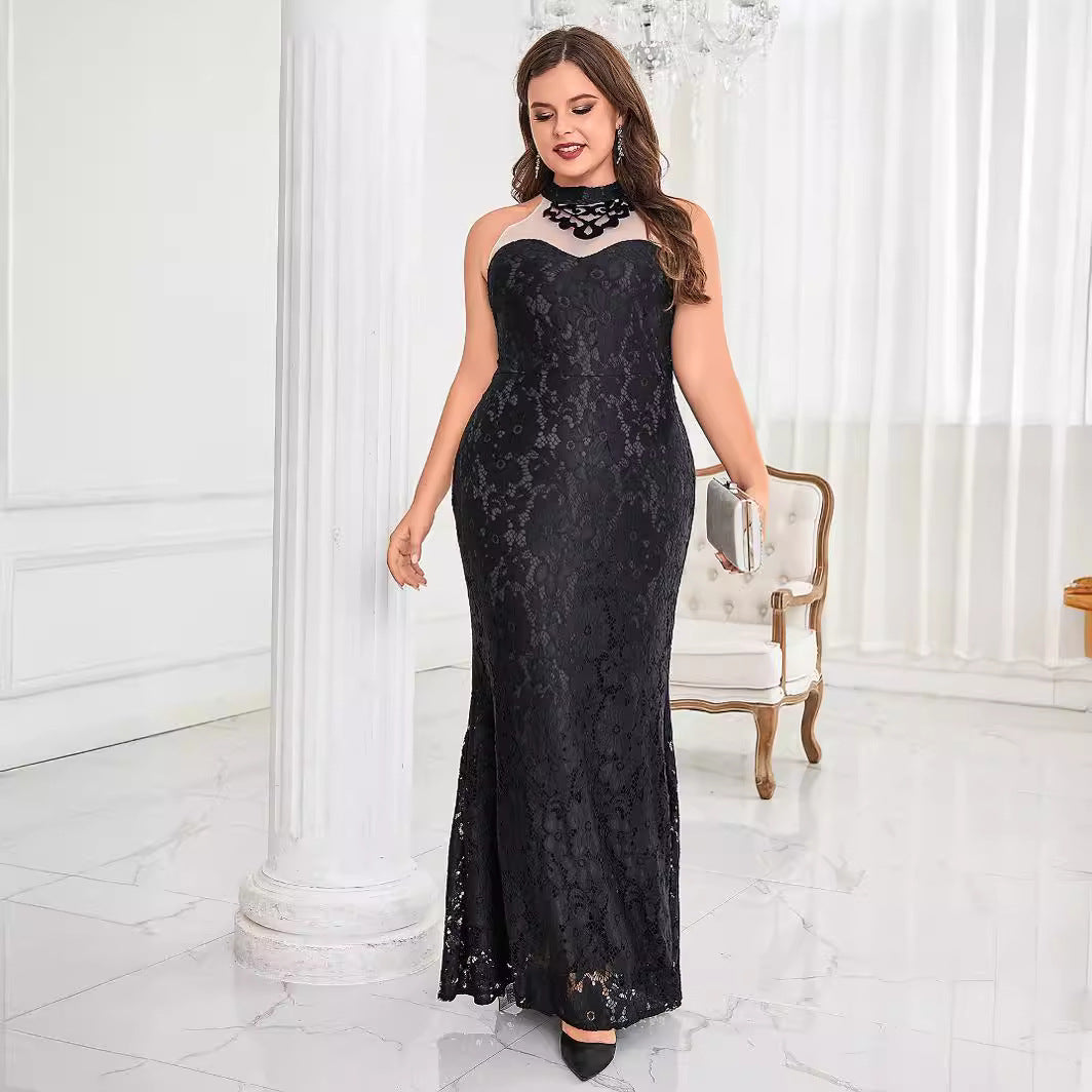 Plus Size Solid Color Small Round Neck Sleeveless Dress Elegant Slim Fit Sheath Cocktail Evening Dress