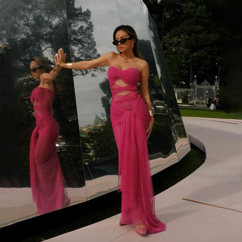 Tube Top off Neck See through Tied Slim Fit Dress for