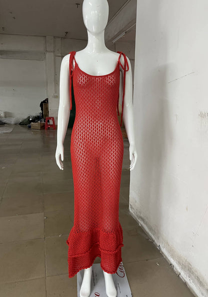 Hollow Out Cutout out Camisole Bohemian Beach Wooden Ear Knitted Sling Tiered Ruffle Maxi