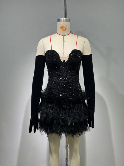 Birthday Party Black Beaded Sequ Feather Strapless Dress