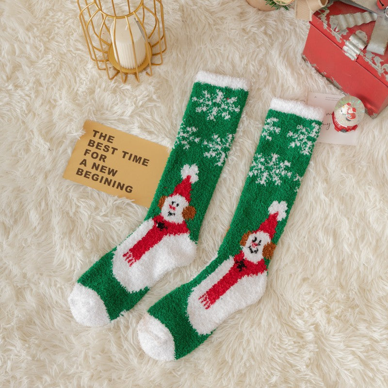 Thick Coral Fleece Reindeer Snowman High Top Christmas Socks