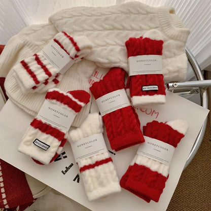 Red Striped Cashmere Blend Warm Mid Calf Christmas Socks