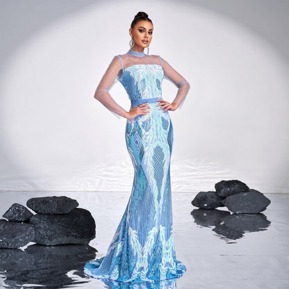 High End Long Sleeve Crew Neck Mesh Sequ Cocktail Long Evening