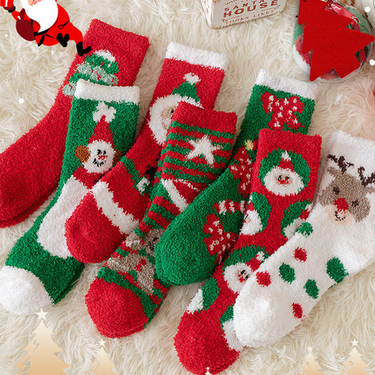 Thick Coral Fleece Cute Reindeer Snowman Christmas Socks