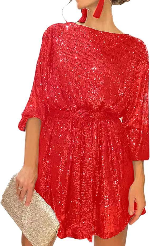 Sequined Round Neck Long Sleeve Casual Loose Beaded Dress