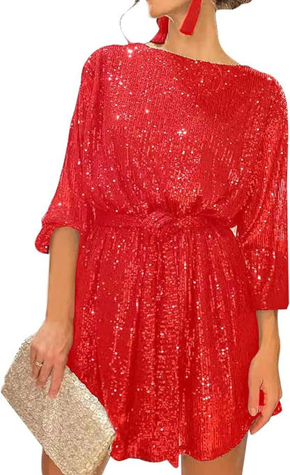 Sequined Round Neck Long Sleeve Casual Loose Beaded Dress
