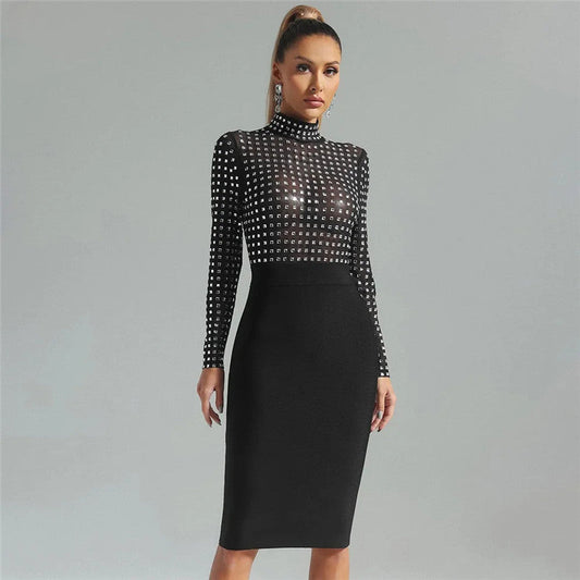 Mesh Stitching  Bandage One Piece Turtleneck Diamond Nightclub Party Dress