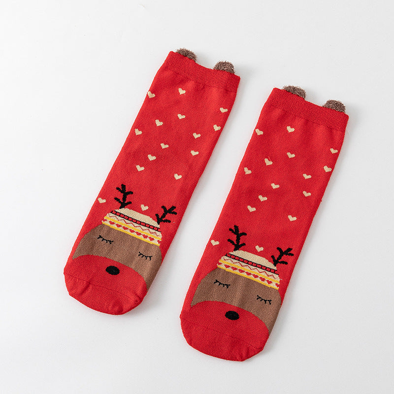 Cotton Cute Cartoon 3D Ear Red Mid Calf Christmas Socks