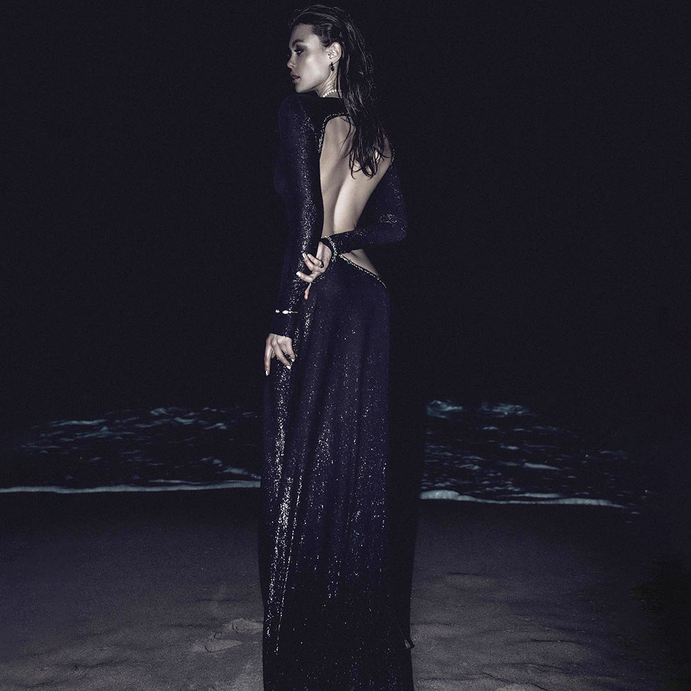 Wear Black Long Sleeve Scorpion Backless Slit Silver Silk Dress