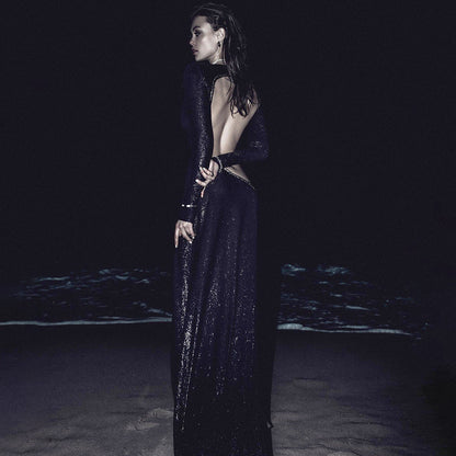 Wear Black Long Sleeve Scorpion Backless Slit Silver Silk Dress