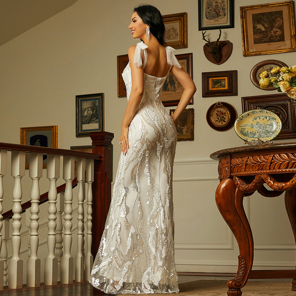 Sleeveless Elegant Long Sequined off Neck Backless Evening Dress Bridesmaid Dress Sequin Tie