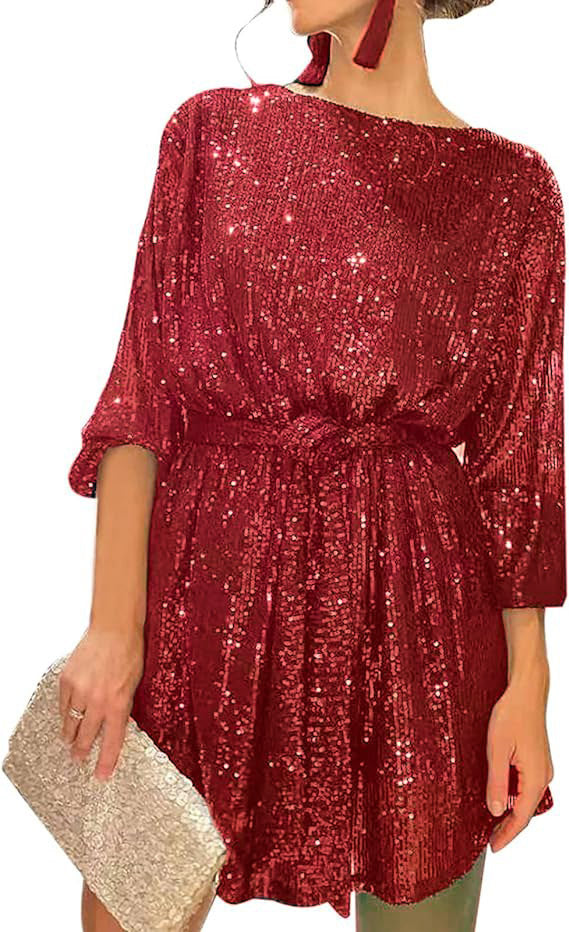 Sequined Round Neck Long Sleeve Casual Loose Beaded Dress