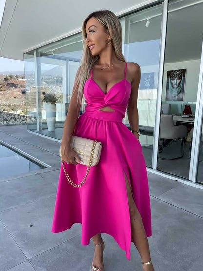 Socialite Deep V Plunge neck Hollow Out Cutout- Big Slit Hemline Camisole Gown Dress