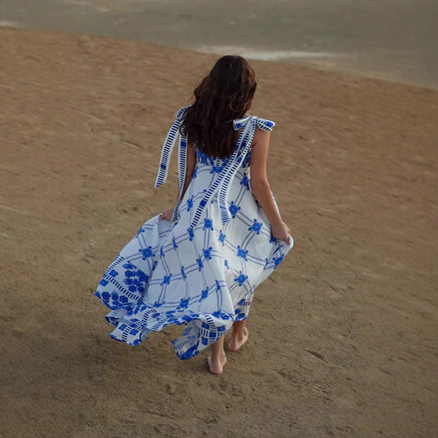 Vacation Halter Spaghetti Straps Maxi Dress Sleeveless Printed Dress