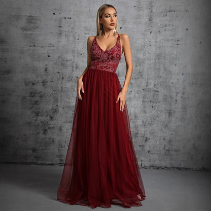 Elegant Suspender Evening Dress V neck A line Long Party Evening Dress Annual Meeting Catwalk Dress