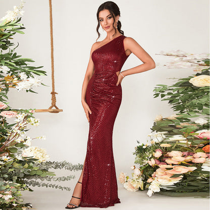 Middle East High Grade Sequin One Shoulder Slit Party Evening Dress Long Mop Dress