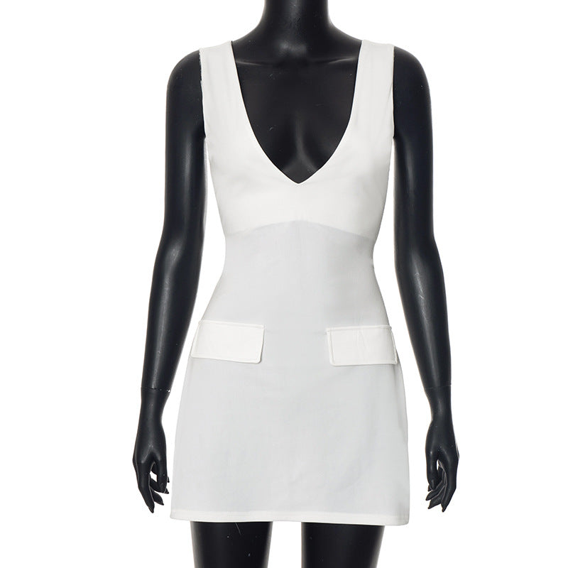 Solid Color Deep V Plunge Strap Bare Back Sleeveless Hip Dress