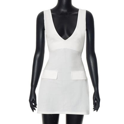 Solid Color Deep V Plunge Strap Bare Back Sleeveless Hip Dress