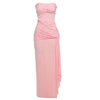 Twisted Backless Side Slit Tube Top Solid Color Dress