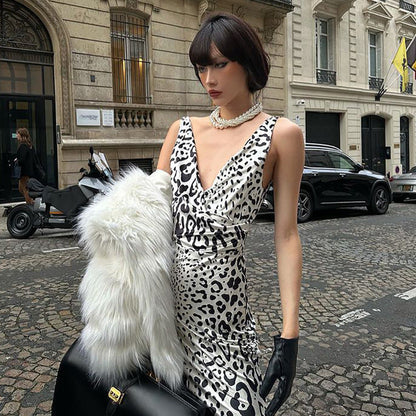 Leopard Print Satin V neck Strap Backless Dress Slim Fit Maxi Dress