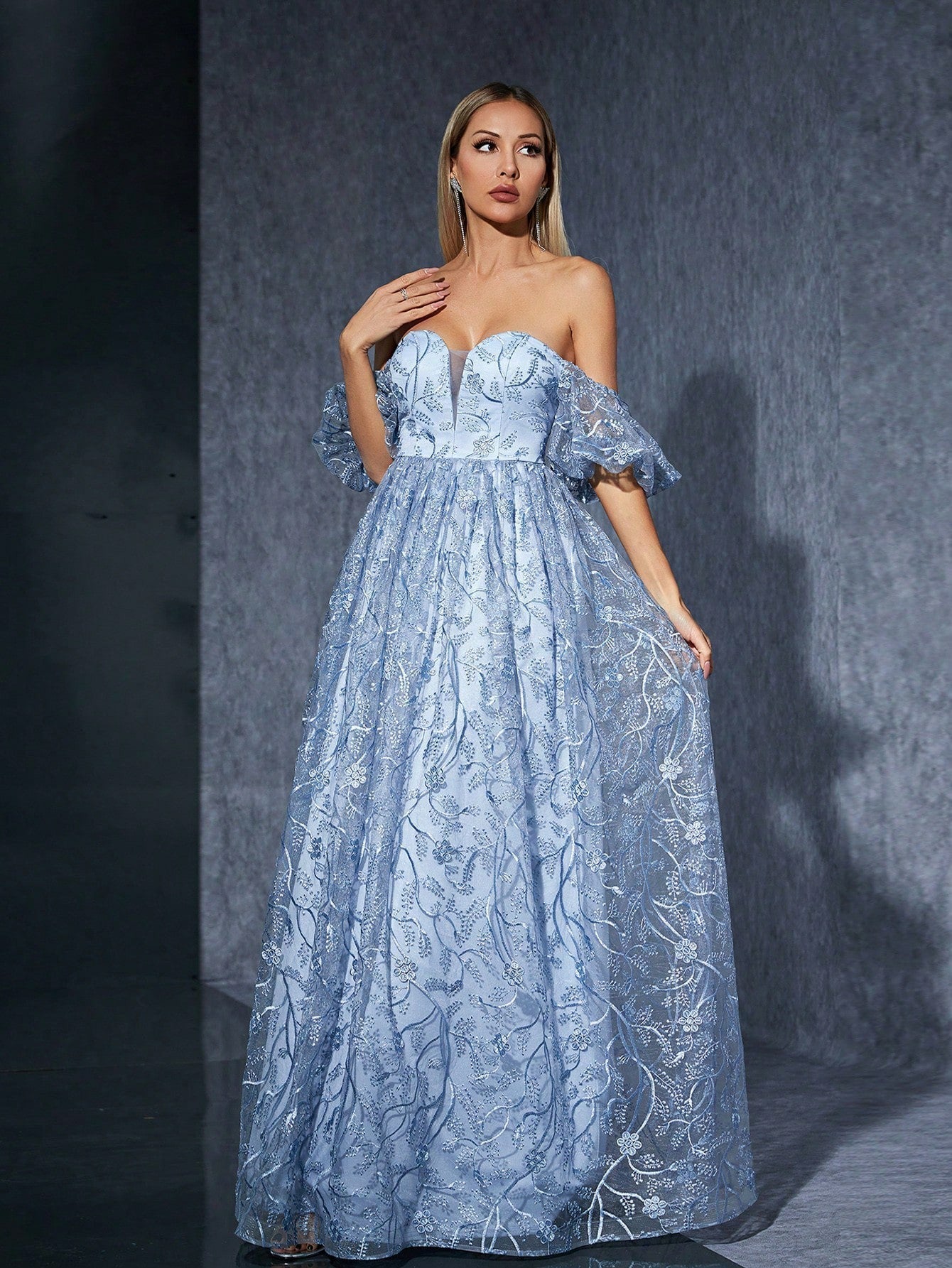 Off Shoulder Mesh Embroidered Evening Dress Ball Cocktail Niche Dress