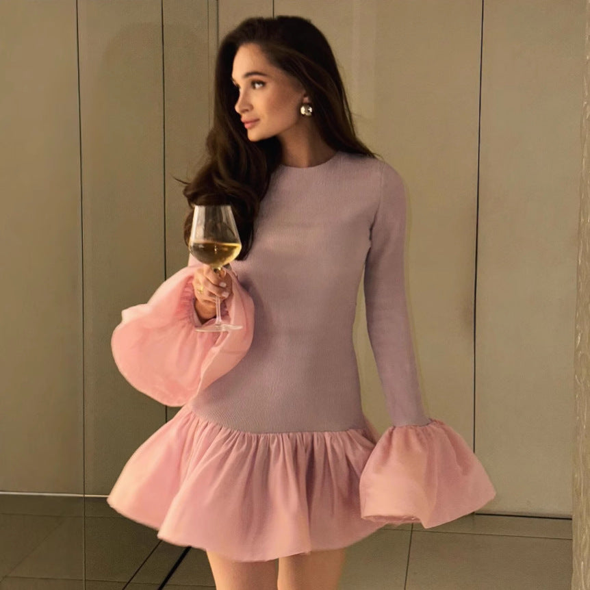 Sweet Stretch Knitted Puff Short dress Long Sleeve Ball Bell Sleeve Stitching