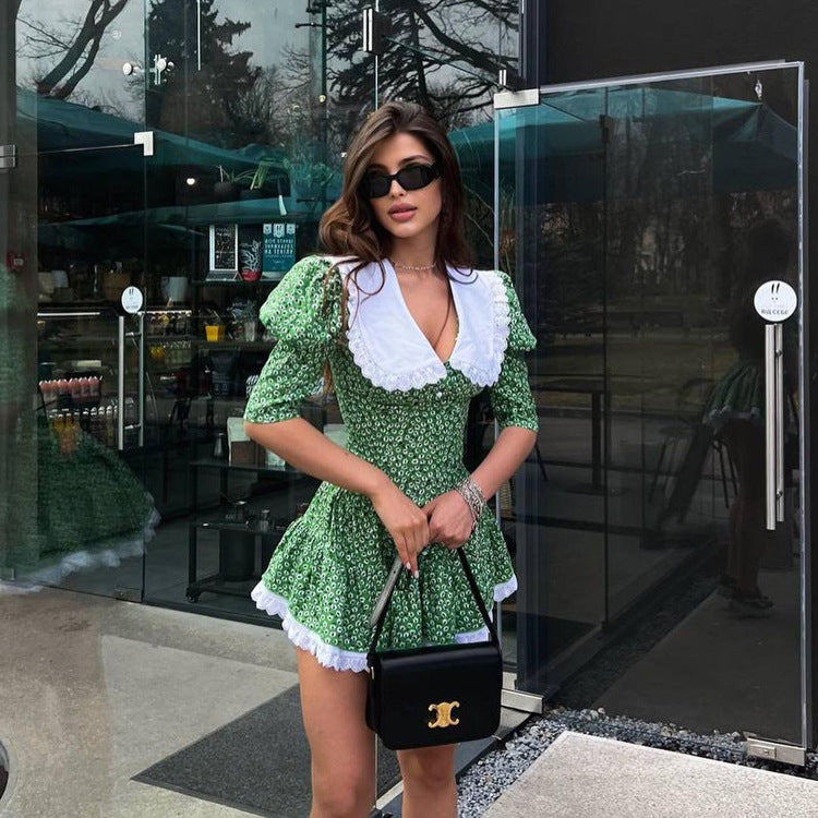 Peter Pan Collar Short Sleeve Floral Dress GracefulTight Waist Petti dress