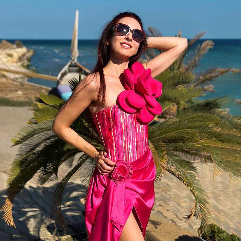 Rose Flame One-Shoulder Swimsuit  - Rose Red