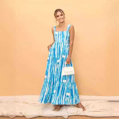 Sweet Striped Printed off Neck Lace up Dress