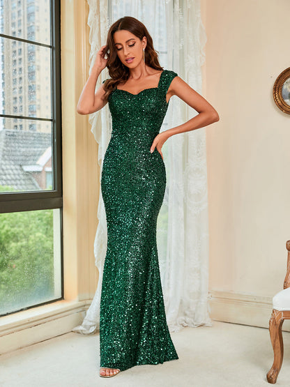 Sequined Elegant Green Suspenders Mid Waist Party Evening Dress Long Mop Dress