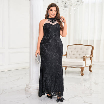 Plus Size Solid Color Small Round Neck Sleeveless Dress Elegant Slim Fit Sheath Cocktail Evening Dress