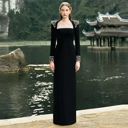 Elegant Heavy Industry Gem Diamond Long Sleeve Maxi Dress Formal Dress