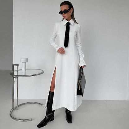 Early Elegant College Collared Long Sleeve Split Dress Tie Dress