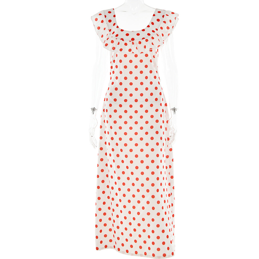 Polka Dot Printed A line Waist Trimming Ruffled Spaghetti Straps Dress