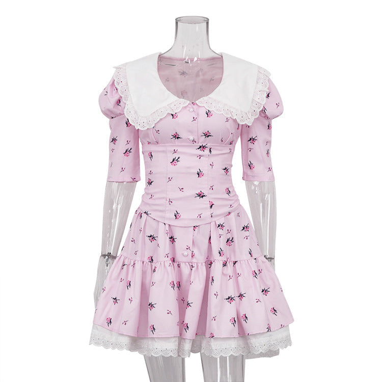 Peter Pan Collar Short Sleeve Floral Dress GracefulTight Waist Petti dress