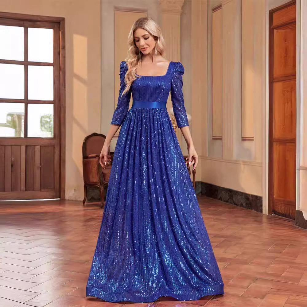 Sequin Blue Long Sleeved Evening Dress Slimming Elegant Cocktail Party Dress Bridesmaid