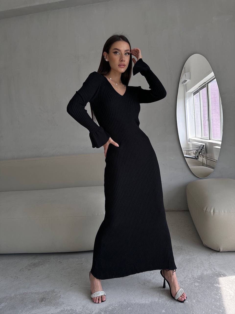 Long Sleeve V neck Tight Knitted Dress Solid Color Rib Fabric Wool Long  Dress