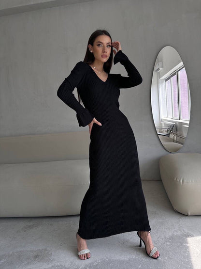 Long Sleeve V neck Tight Knitted Dress Solid Color Rib Fabric Wool Long  Dress