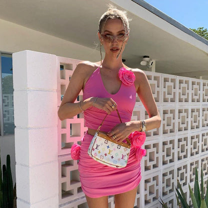 Fall Pink Three Dimensional Floral Halterneck Dopamine Wear Cutout Dress