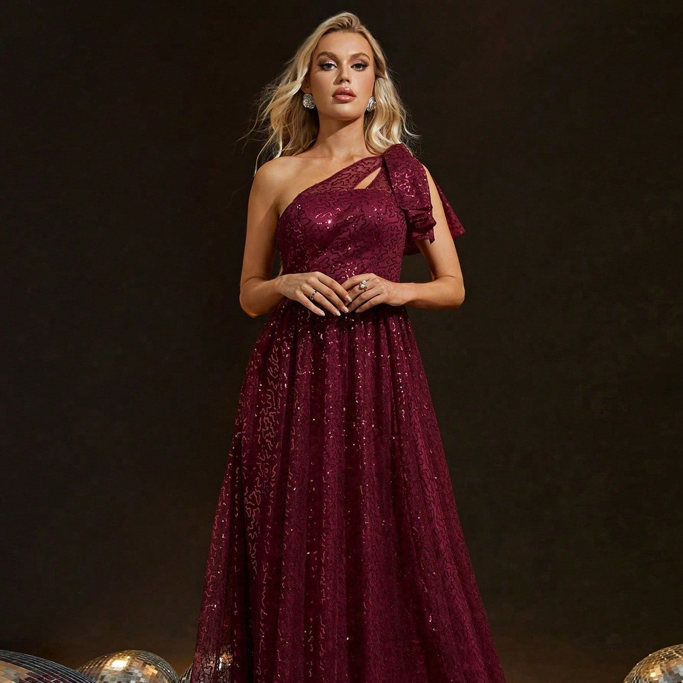 Sequined One Shoulder Evening Dress Bride Wine Red Toast Dress Adult Ceremony Party Dress Slim Fit Annual Party Evening