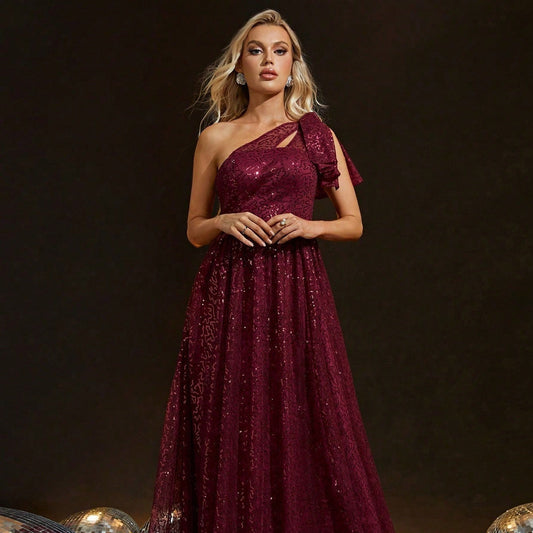 Sequined One Shoulder Evening Dress Bride Wine Red Toast Dress Adult Ceremony Party Dress Slim Fit Annual Party Evening