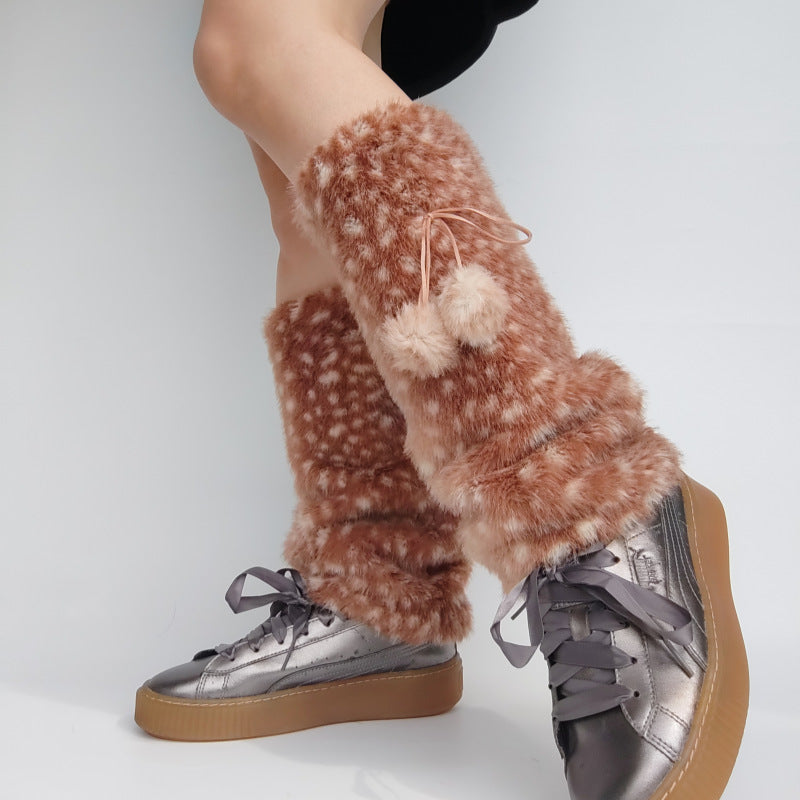 Faux Fur Deer Print Cozy Slouchy Christmas Leg Warmers
