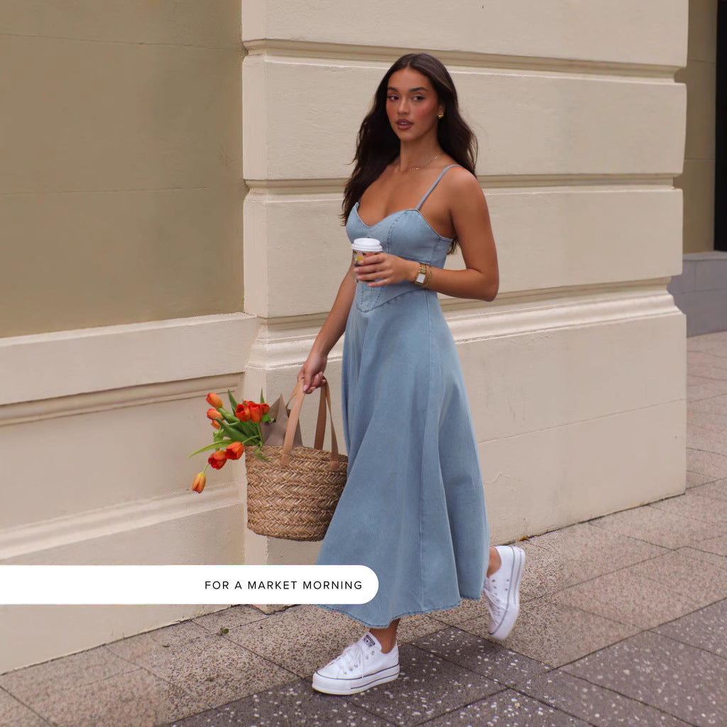 Collection Sleeveless Spaghetti Straps Slimming Imitation Denim Dress